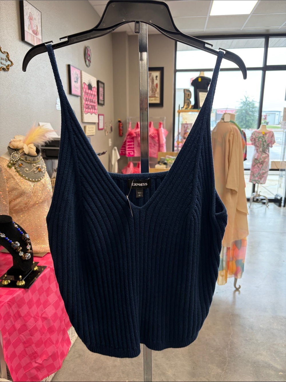 Express Navy Ribbed V‑Neck Knit Tank